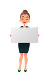 Woman manager or teacher holding a white board against white background. Businesswoman holds a horizontal poster. Lecturer showing blank signboard with copyspace.