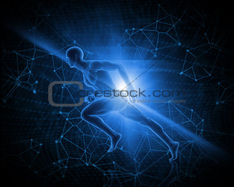 3D male figure in sprinting pose on abstract low poly background