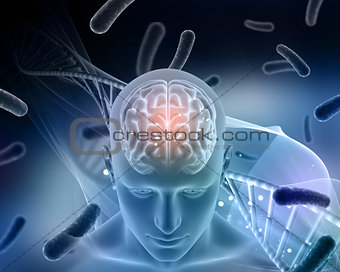 3D medical background with male figure with brain highlighted 