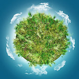 3D grassy globe against a blue cloudy sky