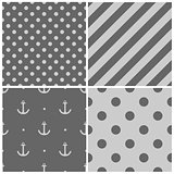 Tile sailor vector pattern set with grey polka dots, zig zag and stripes on white background