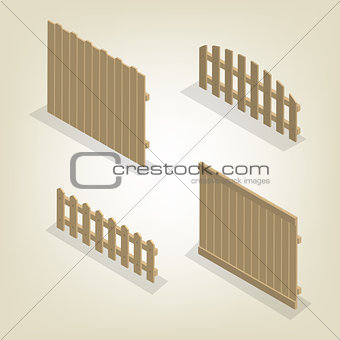 Set of isometric spans wooden fences, vector illustration.
