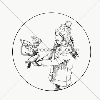 Beautiful young girl and bird. Winter. Hand drawn vector illustration.