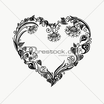 Floral heart. Bouquet composition with hand drawn flowers and plants. Monochrome vector romantic love illustration in sketch style. Valentine Day card