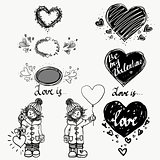 love, cute small girl and heart. Winter. Hand drawn vector illustration set