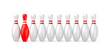 White bowling pins lined and red one. 3D