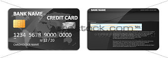 Realistic detailed black bank credit card with world map abstract design isolated. Credit plastic card with bank personal cardholder name. Vector illustration