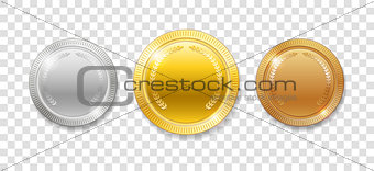 Champion Award Medals for sport winner prize. Set of realistic 3d empty gold, silver and bronze medals isolated. Vector illustration isolated