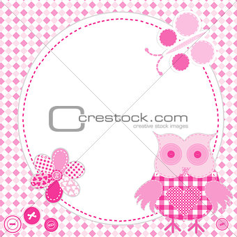 Cartoon frame owl in patchwork style 