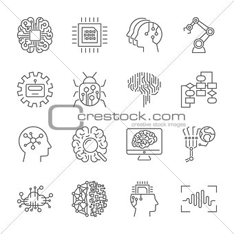 Set of machine learning line icons. Simple pictograms pack. Vector illustration on a white background. Modern outline style icons collection. Editable Stroke