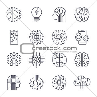 Internet Of Things IOT , Artificial Intelligence AI , Connectivity, Innovative Smart Cyber Security Digital Information Technologies IT Vector Icon Set. Editable Stroke
