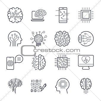 Artificial intelligence AI line icons. Robot intellect and cyborg chip mind signs. Innovation technology manufacturing and programming. Vector illustration. Editable Stroke.
