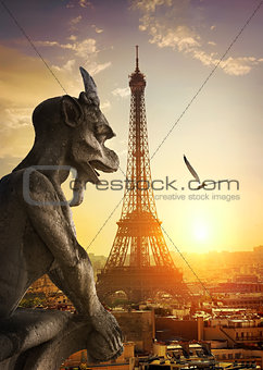 Stone Chimera and Eiffel Tower