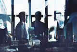 Businessmen that work together in office. Concept of teamwork and partnership. double exposure