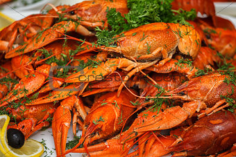 boiled crayfish with herbs and lemon