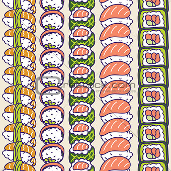 Sushi rolls set vector seamless pattern.