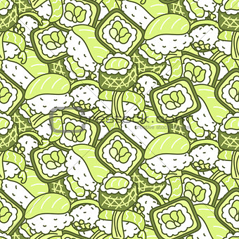 Sushi meal green set vector seamless pattern.