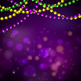 Mardi gras bead garlands and bokeh card vector purple background.