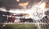 Background of a soccer ball scores a goal on the net. 3D Rendering