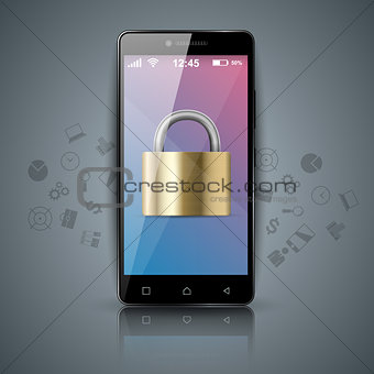 Digital gadget, smartphone tablet, key, lock icon. Business info