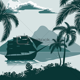 Tropical landscape, view from the shore with palm trees and plants, sailing ship, mountains in the distance.