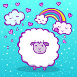 Cute sheep on a blue background with a rainbow, clouds and hearts