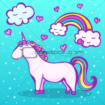 Sweet unicorn on a blue background with a rainbow, clouds and hearts