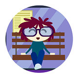 Funny Cartoon Character. Cool Hipster Sitting on Bench and Waiting for Bus. Vector Illustration