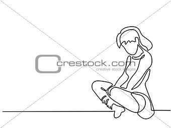 Continuous line drawing. Sitting sad girl