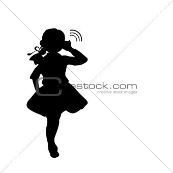 Silhouette girl holds hand near ear listening