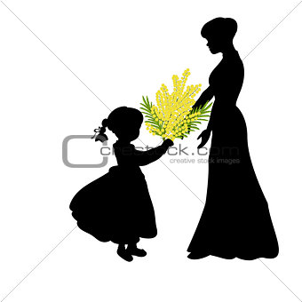 Silhouette girl gives mom mimosa. Mothers day