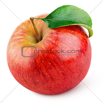 Red apple fruit with green leaf isolated on white