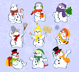 Set of winter holidays snowman on background. Vector illustration