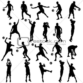 Black silhouettes set of men playing basketball on a white background