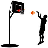 Black silhouettes of men playing basketball on a white background