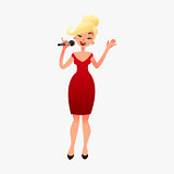 Beautilul blonde woman star celebrity jazz singer in red dress with microphone. Young girl is singing karaoke at a party. Lady performs a song with the mic.