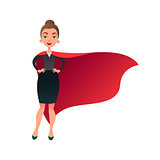 Woman superhero cartoon character. Wonder woman with cape of super man. Confident business lady focused on success. Flat beautiful female super hero.