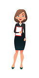 Young successful female office manager. Smart cartoon flat woman secretary character at the office. Business lady ready for doing business task