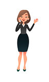 Young successful female office manager. Busy cartoon flat woman secretary character at the office. Personal assistant