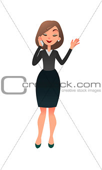 Young successful female office manager. Busy cartoon flat woman secretary character at the office. Personal assistant