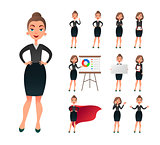 Pretty businesswoman working character set. Sucessful entrepreneur lady in office work situations. Confident young manager in the workplace.