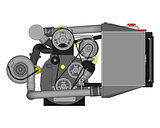 A turbocharged four-cylinder, high-performance engine for a sports car. Vector color illustration with strokes of contours of details.