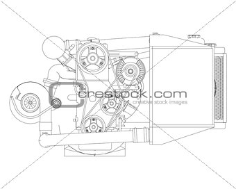 A turbocharged four-cylinder, high-performance engine for a sports car. Vector black and white illustration with a stroke of contours of details.