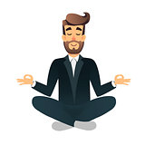 Cartoon flat happy office manager sitting and meditating. Illustration of handsome businessman relaxed calm in lotus pose. Man Yoga - relaxation in the workplace. Relax after a hard work concept