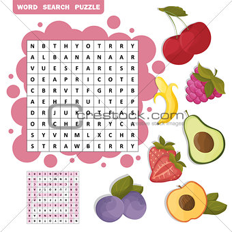 Vector crossword, education game for children about fruits. Word search puzzle
