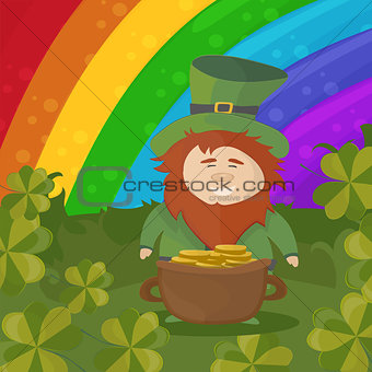 Saint Patricks Day Card Design - Treasure of Leprechaun on rainbow Background