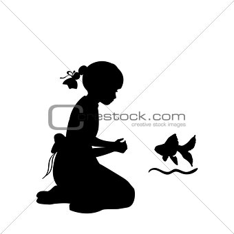 Silhouette girl sitting knees wish agoldfish