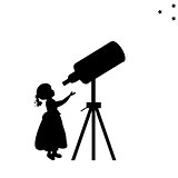 Silhouette girl looks into space telescope