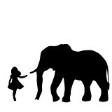 Silhouette girl wants to touch elephant. World Wildlife Day.