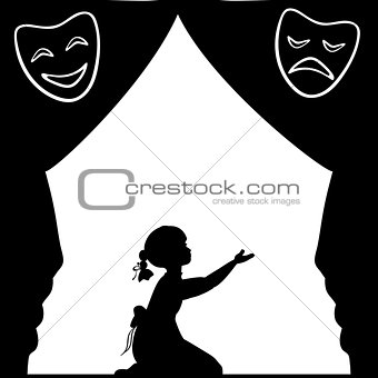 Silhouette girl plays the stage. World theatre day.